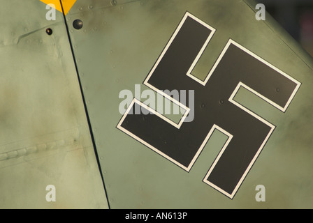 Close up of the tail fin of a Messerschmitt 109 Buchon - Shoreham Airshow 2007. Stock Photo