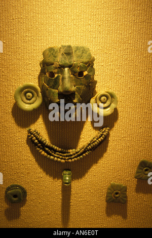 Mayan Jade burial mask and ornaments Calakmul, Museo de Cultura Maya in Fuerte de San Miguel fort, Campeche city, Mexico Stock Photo