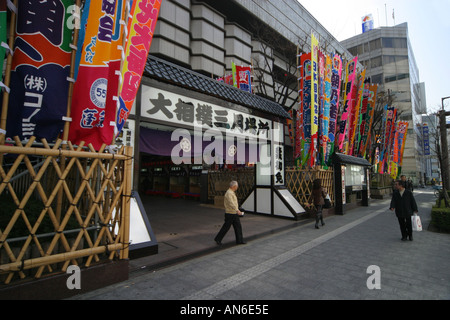 Bright sumo stable advertising and sponsorship banners outside the entrance to a Sumo Wrestling tournament Osaka Japan Asia Stock Photo