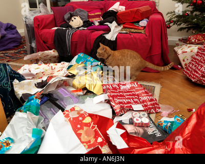 Cat Amonst Wrapping Paper and Presents Christmas Morning Stock Photo