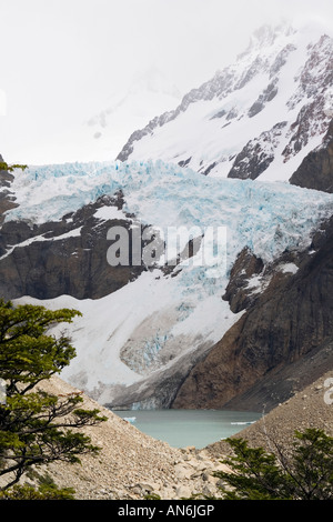 Lagoon Piedras Blancas at the base of a hanging mountain glacier Glacier Fitz Roy Patagonia Argentina Stock Photo