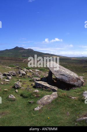 Carreg Coetan Arthur Burial Chamber and Carn Llidi mountain St David's Head Pembrokeshire West Wales UK Stock Photo