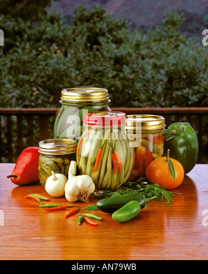 PICKLED PRODUCTS L TO R Gherkins Jalepenos Green Beans Serrano Peppers fresh ingredients Stock Photo