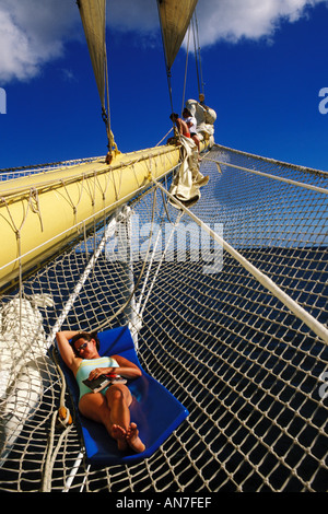 Caribbean Cruise, Royal Clipper, relaxing on the bowsprit net Stock Photo
