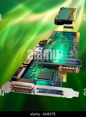flying computer interface cards on green Stock Photo