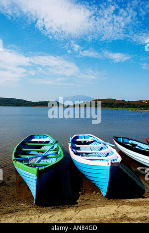 Small brightly painted row boats await use on the shores of View Co Mayo Stock Photo