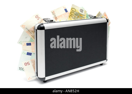 Standing money case full of various Euro banknotes. Isolated on a white background. Stock Photo