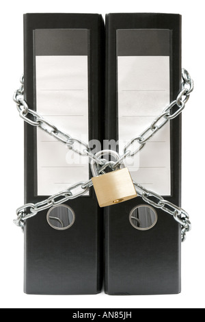 Two black file folders protected by a chain and a padlock. Isolated on a white background. Stock Photo