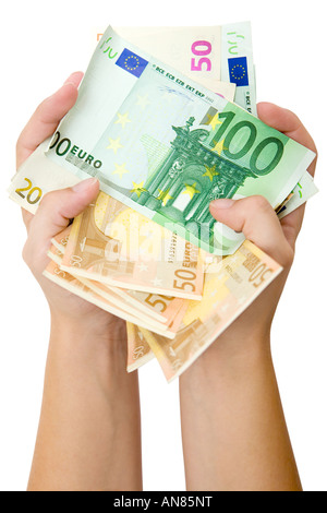 Holding a bunch of various Euro banknotes. Isolated on a white background. Stock Photo