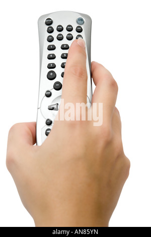 Holding a remote control. Isolated on a white background. Stock Photo