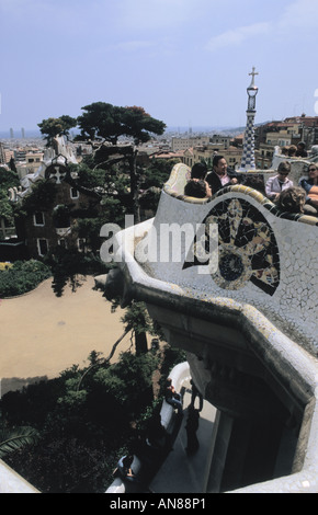 Detail of square with benches at Guell Park Antonio Gaudi Barcelona Catalonia Spain Stock Photo