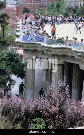 People at Square benches at Guell Park by Antonio Gaudi Barcelona Catalonia Spain Stock Photo