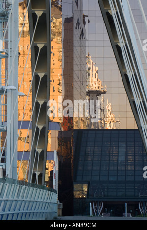 Part of Lowry Bridge, Salford Quays, Manchester and reflection in glass of nearby building. Stock Photo