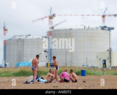 Beach during summer in Aniva Bay beside new LNG gas plant under construction Sakhalin Island Russia Stock Photo