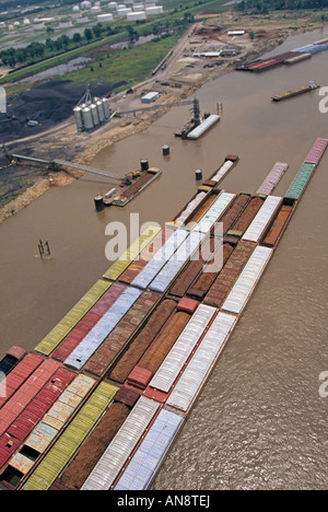 Barges filled with sand and coal on the Mississippi River near the city of St Louis Stock Photo