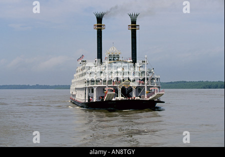 A portrait of the American Queen the largest paddlewheel steamboat in the world on the Mississippi River near Natchez Stock Photo