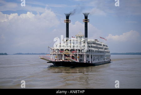 A portrait of the American Queen the largest paddlewheel steamboat in the world on the Mississippi River near Natchez Stock Photo