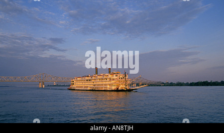 A portrait of the Mississippi Queen one of the largest paddlewheel steamboat in the world on the Mississippi River near Natchez Stock Photo