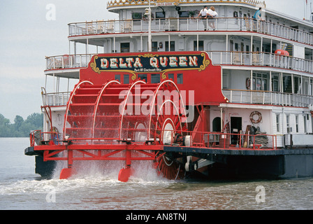 A view of the paddlewheel steamboat Delta Queen on the Mississippi River near Baton Rouge Stock Photo