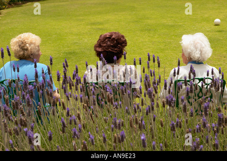 Rear view of senior women sat in a garden Stock Photo