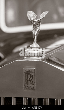 Rolls Royce flying lady mascot on vintage RR bonnet. Stock Photo