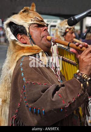 Traditional Inca music played by Chano Diaz a member of the Inca music group Laramai at Edinburgh Fringe Festival Scotland Stock Photo