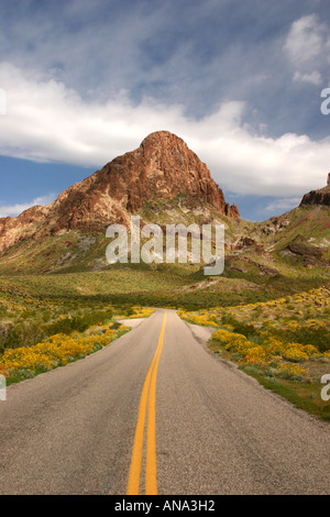 Route 66 Springtime Vista in the Black Mountains of Arizona. Stock Photo