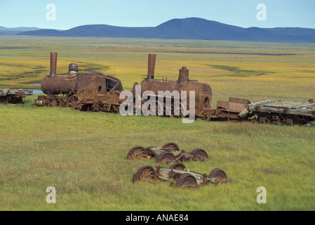 Last train to nowhere old train in swamp rosting away at Solomon Goldrushtime Seward Peninsula near Nome Alaska Stock Photo