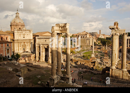 The remains of the Temple of Vespasian and Titus and the Temple of Saturn in the Roman Forum, Rome, Italy Stock Photo