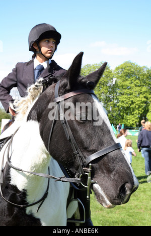 A teenage girl showjumping on her horse Stock Photo