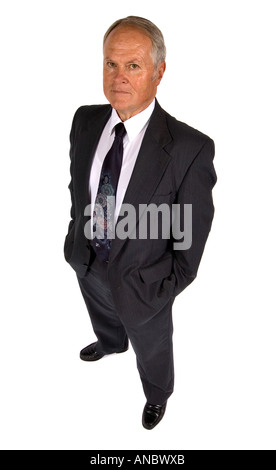 Wide shot of an executive looking straight up at the overhead camera with a stern mad look on his face Stock Photo