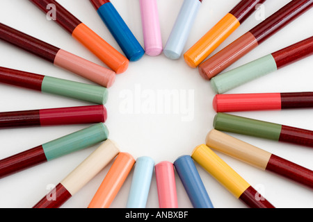 Coloured Pencils arranged in a circular pattern Stock Photo