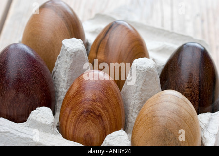 Wooden Eggs in Egg Box Stock Photo