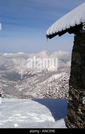 View of alpine village roof with snow on top Stock Photo