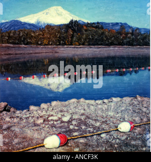 USA, Washington, Mount Baker. Mt. Baker as seen from Baker Lake. Polaroid SX70 Manipulation Stock Photo