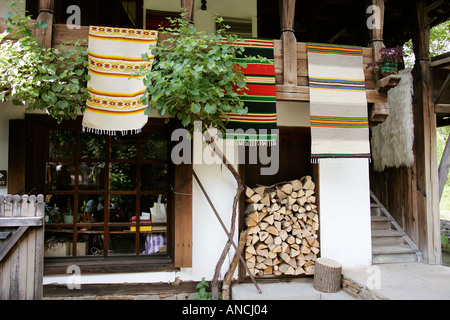 Etar Bulgaria typical rug carpet souvenir old style architecture design houses wooden colorful hand made village city town peopl Stock Photo