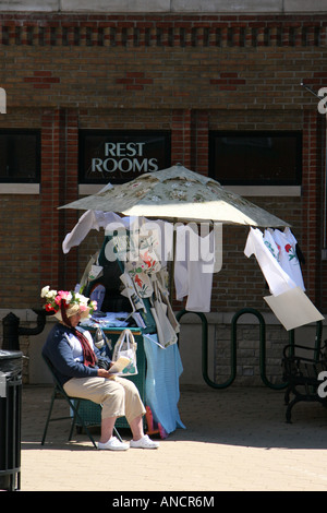 American woman sits on a chair in the main street dowtown and selling T-shirts in USA US lifestyle daily life vertical hi-res Stock Photo