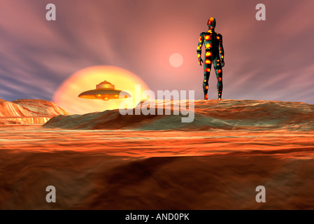 A 3D Conceptual Image Of An Alien Standing In A Desert Landscape. With His Spacecraft Protected By A Force Field,In The Backgrou Stock Photo