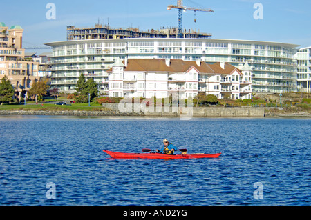 A lone kayaker paddles across the Inner Harbour bay in Victoria Vancouver Island BC Canada  BCX 0581 Stock Photo