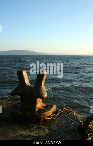 mooring cleat over Lough Foyle, Moville, Lough Foyle by edge of the Atlantic, Inishowen, Ireland Stock Photo