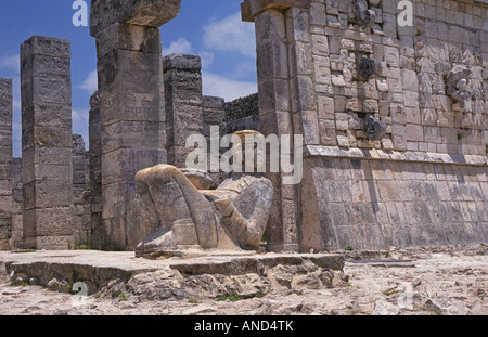 A stone carving of the rain god Chac Mool at the ruined Mayan city of Chichen Itza in the remote forest of the Yucatan Stock Photo