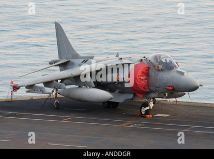 A Spanish Navy EAV-8B+ Harrier military jet fighter airplane on board the aircraft carrier Principe de Asturias Stock Photo