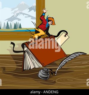 Cowboy riding a book with window in the background Stock Photo