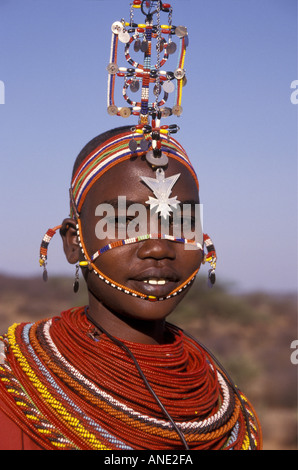 Young Samburu married woman wearing a spectacular traditional headdress made of beads near Samburu National Reserve Kenya Africa Stock Photo