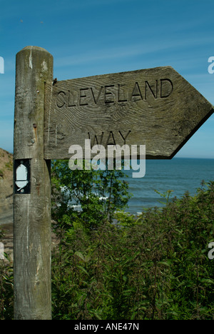 Cleveland way marker board robin hoods bay Stock Photo