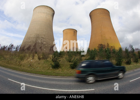 Four wheel drive vehicle passes Rugeley Power Station Staffordshire United Kingdom Stock Photo