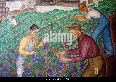 Fresco Murals Painted Inside Coit Tower, San Francisco, California, USA Stock Photo