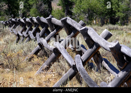 Wooden Post Fence in front of the Grand Tetons, Wyoming, USA Stock Photo