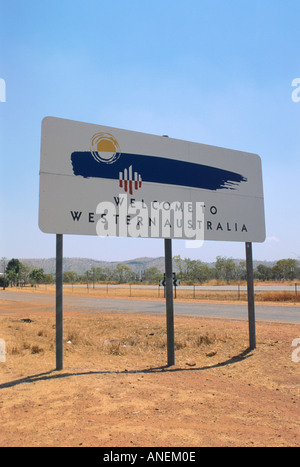 'Welcome to Western Australia', Sign on the border between Northern Territory and Western Australia. Stock Photo