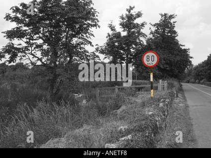 Road sign on Irish Country Road. Eighty kilometres speed limit. Sign in Colour, road in monotone. Stock Photo